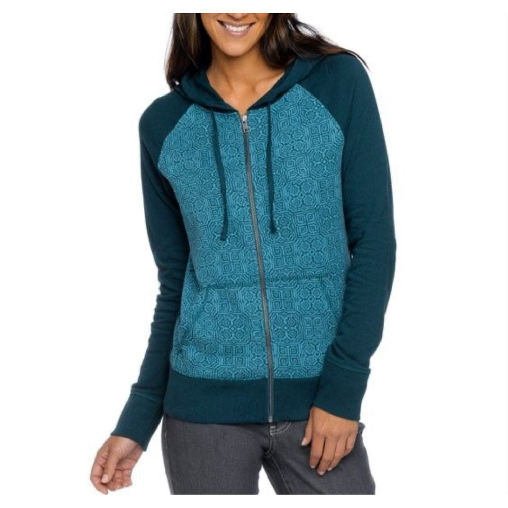 prAna Full-Zip Hoodie Teal Geometric Pattern Organic Cotton Size XL